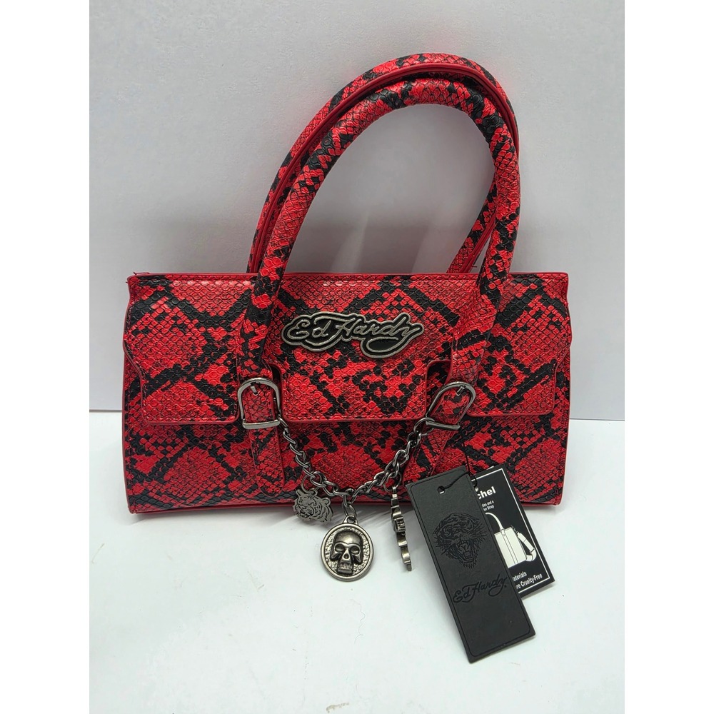 Ed Hardy Red Black Snakeskin Satchel Bag Y2K Skull Tiger Charms Crossbody NEW - Picture 2 of 6